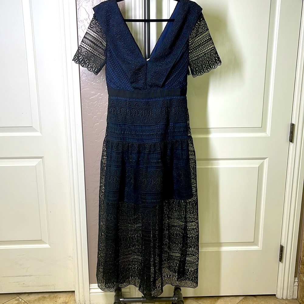 Self Portrait Spiral Panel Lace Midi Dress Navy Blue US Size 6 NEW - Picture 4 of 13